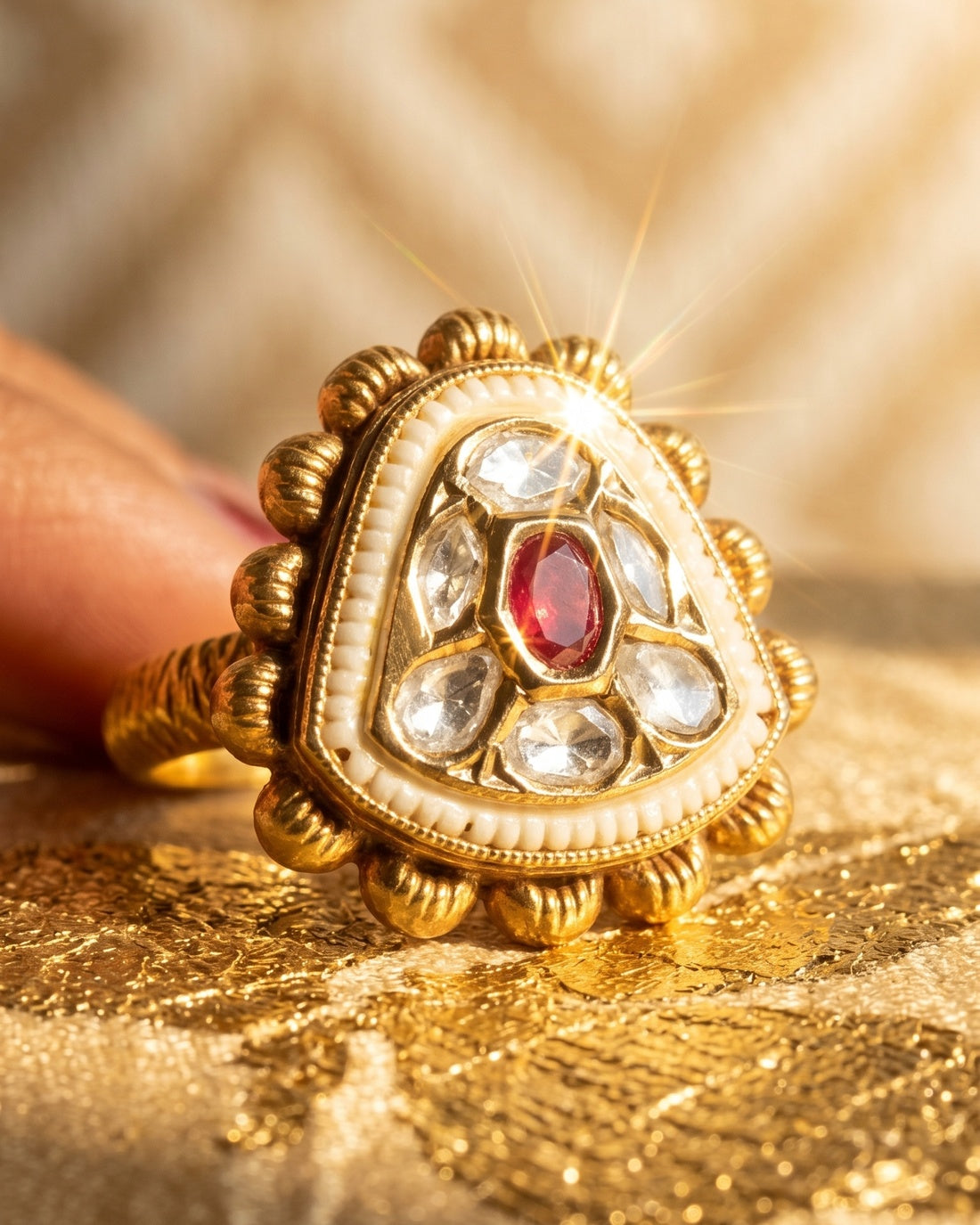Trikon Kundan Ring - Ruby